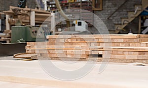 Wood boards, parquet drying on wood factory. Wood processing on factory