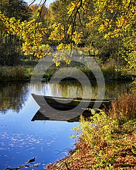 Wood boat is landing near the shore of the pond. Lush foliage are reflected in the calm water surface