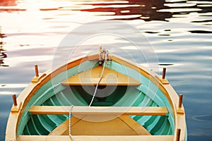 Wood Bow Deck of Wooden Boat. Sea sunset, sun glow.