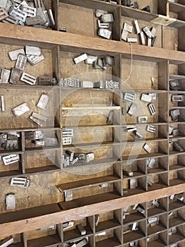 Wood box of old printing press letters