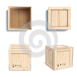 Wood box. Wooden open gift, cargo package with texture and fragile labels, empty container realistic mockup, brown board
