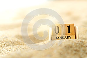 Wood brick block show date and month calendar of 1st January or New year day