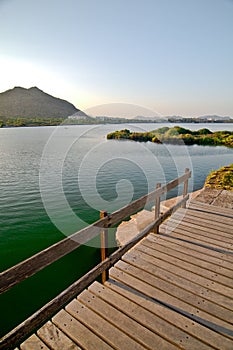 Wood bridge and the lake