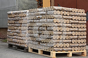 Wood briquettes on pallets