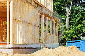 Wood building frame structure house under construction framing