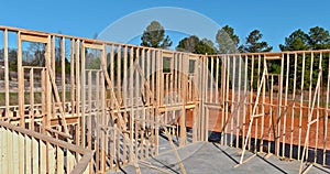 Wood building frame structure on a new development