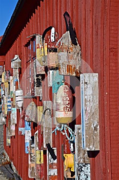 Wood buoys on a lobster shack