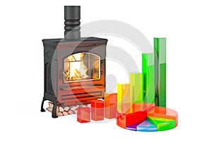 Wood burner stove with chimney pipe and firewood burning, 3D rendering