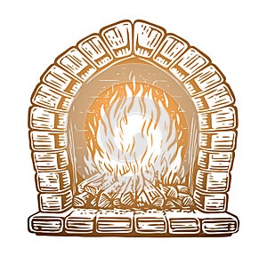 Wood is burning in fireplace. Fire in stone oven. Hand drawn vector illustration