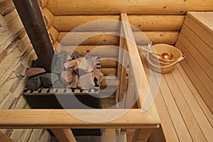 Wood-burning heater in sauna