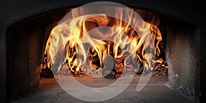 Wood burning inside a wood-burning oven for the preparation of classic Italian pizza