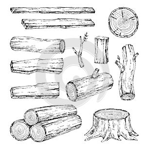 Drevo horiace materiály. vektor skica ilustrácie. materiály drevo. peň vetva drevo. strom 