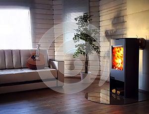 Wood burning stove in cozy living room