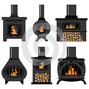 Wood burning stove with fire flame and log. Vector icon set