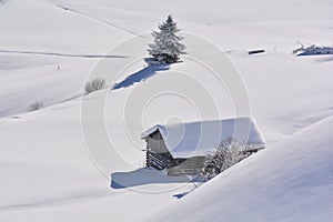 Wood cabin in deep snow