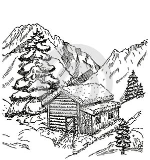 Wood cabin in winter landscape. Christmas and New Year hand drawn illustration.Winter house with snow