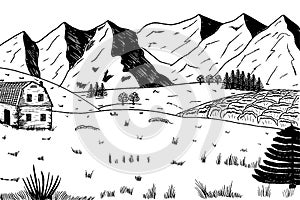 Wood cabins in mountain landscape vector illustration. Hand drawn image concept