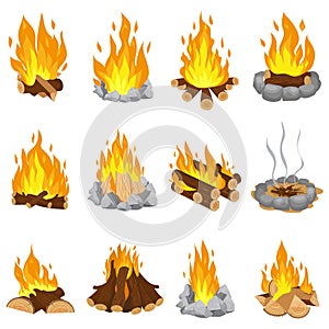 Wood campfire. Outdoor bonfire, fire burning wooden logs and camping stone fireplace cartoon vector illustration set