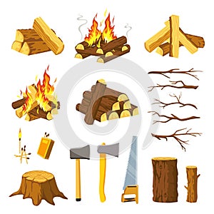 Wood campfire. Tree logs pile, branches, lumberjack ax, saw and matches for make bonfire. Burn firewood stack with