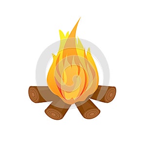 Wood campfire vector drawing. Outdoor bonfire, fire burning wooden logs, camp fireplace. Firewood flames burn. Isolated cartoon