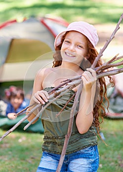 Wood, camping or portrait of kid in forest for summer camp, survival education or outdoor learning. Fun, start or happy
