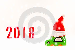 The wood car on red christmas in wonderful snowy winter, New Year 2018