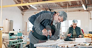 Wood, carpenter and man in workshop drilling with power tools for furniture, production or small business. Construction