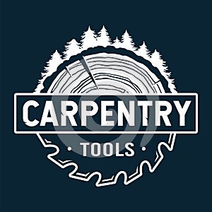 Wood carpentry logo and saw for wooden tree