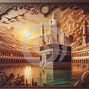 Wood carved artwork mekkah mosque alharam kabah ai generator