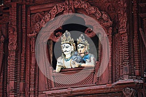 Wood carving shiva and parvati statue at Basantapur Durbar Square