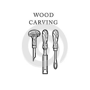 Wood carving tools icon, logo with chisels, timber engraving emblem