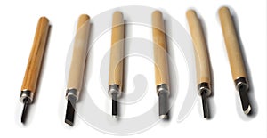 Wood carving tools isolated on a white background. Set of various cuts