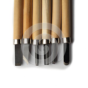 Wood carving tools isolated on a white background. Set of various cuts