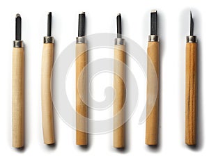 Wood carving tools isolated on a white background. Set of various cuts