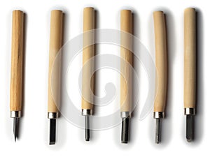 Wood carving tools isolated on a white background. Set of various cuts