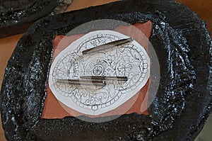 Wood carving tools and a printed templete, Thimpu, Bhutan