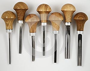 Wood carving tools on white background