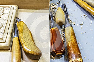 Wood carving, wood carving tools. craft, chisel, wooden background