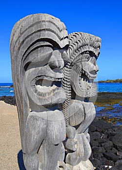 Wood carvings at PuÊ»uhonua O Honaunau National Historical Park, Hawaii