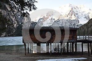 Wood chalet in the lake braies dolomites south tyrol italy