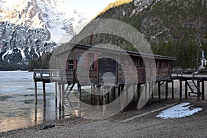 Wood chalet in the lake braies dolomites south tyrol italy