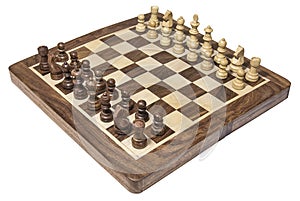 Wood chess board with white and dark chessmen