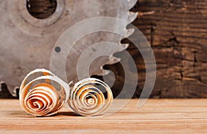 Wood chips and disk circular saw.