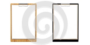 Wood clipboard and black clipboard with blank papers with copy space for mock up isolated on white background