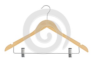 Wood clothes hanger with metal pants / skirt hanger isolated on