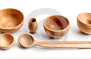 wood craft (cups, bowl, spoons, scoops), cut out on white background