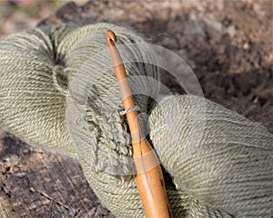 Wood crochet hook and yarn