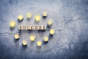 Wood cube word of success & light bulb icon with copy space. Concept of team brainstroming, unity of teamwork, partnership