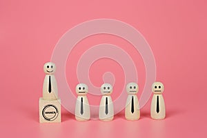 Wood doll human standing row, competition business only one winner, business success goal people ranking challenge. people