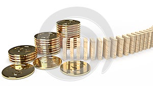 Wood domino and gold coin 3d rendering abstract image for business content